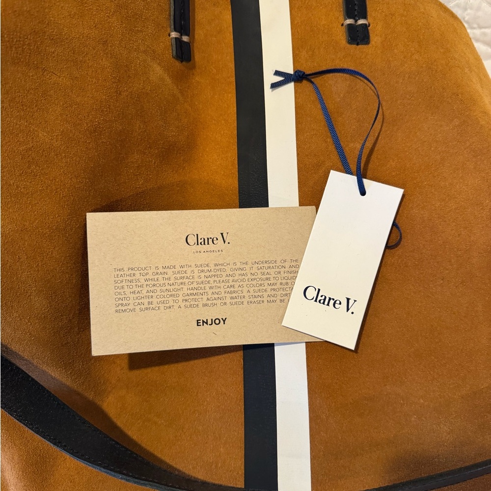 Elegant Tan Suede Satchel with Black and White Stripe - Picture 4 of 6